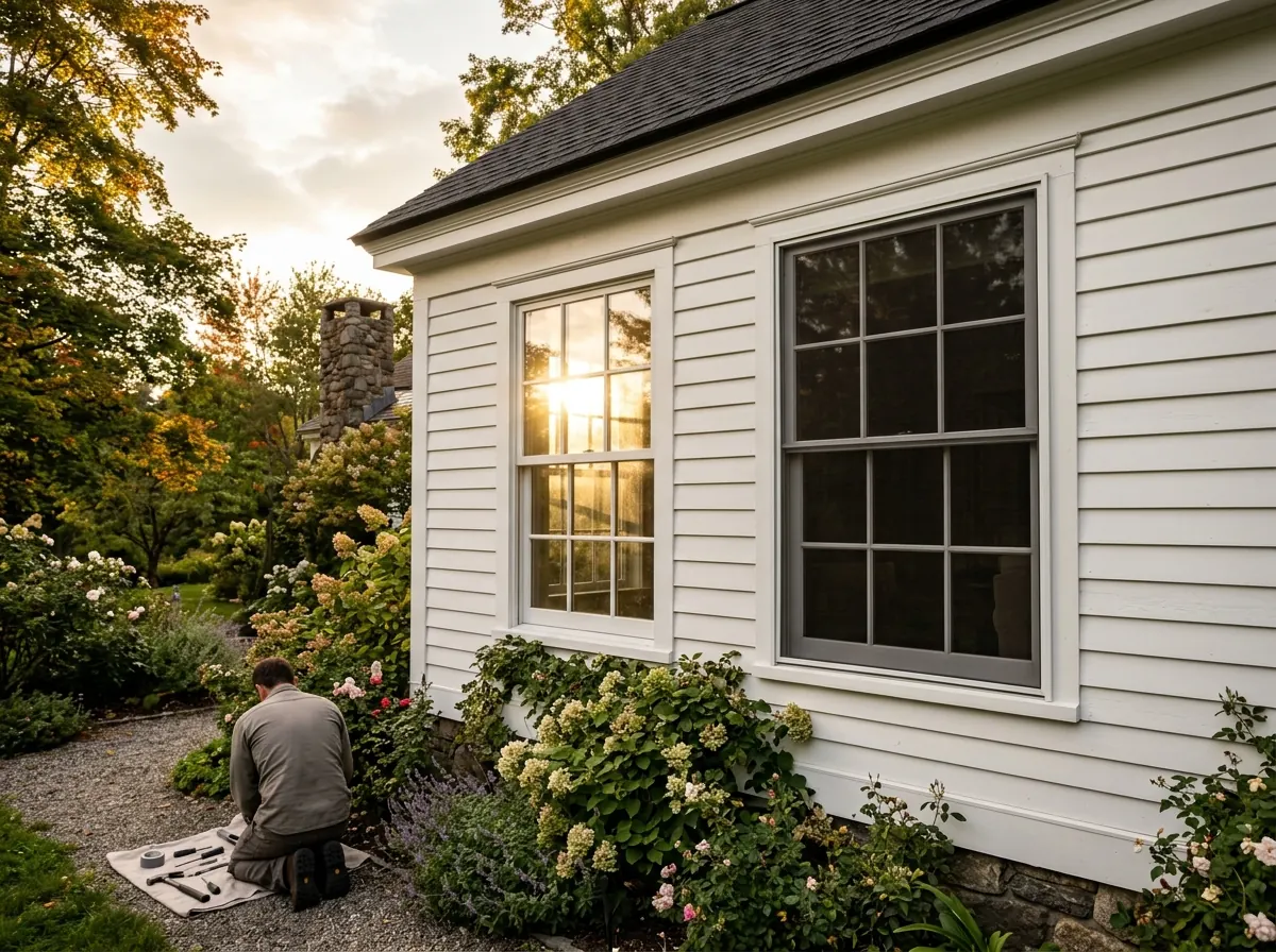 A dark solar screen panel mounted on the outside of a west-facing window on a white lap-siding house, the glass behind it shaded in the late afternoon sun