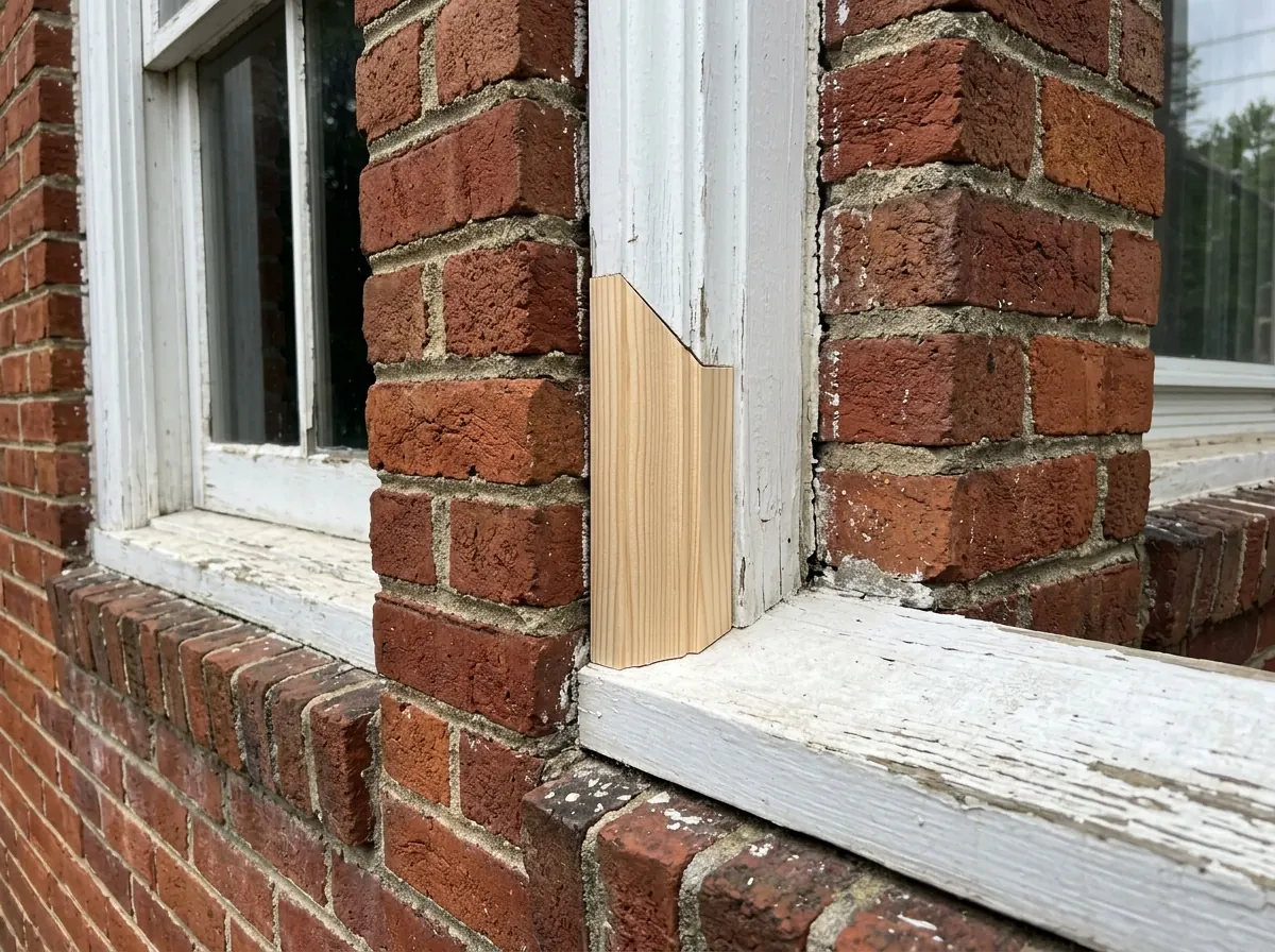 The lower corner of a wood window's exterior brickmold trim against red brick, showing a spliced-in new section of molding before paint