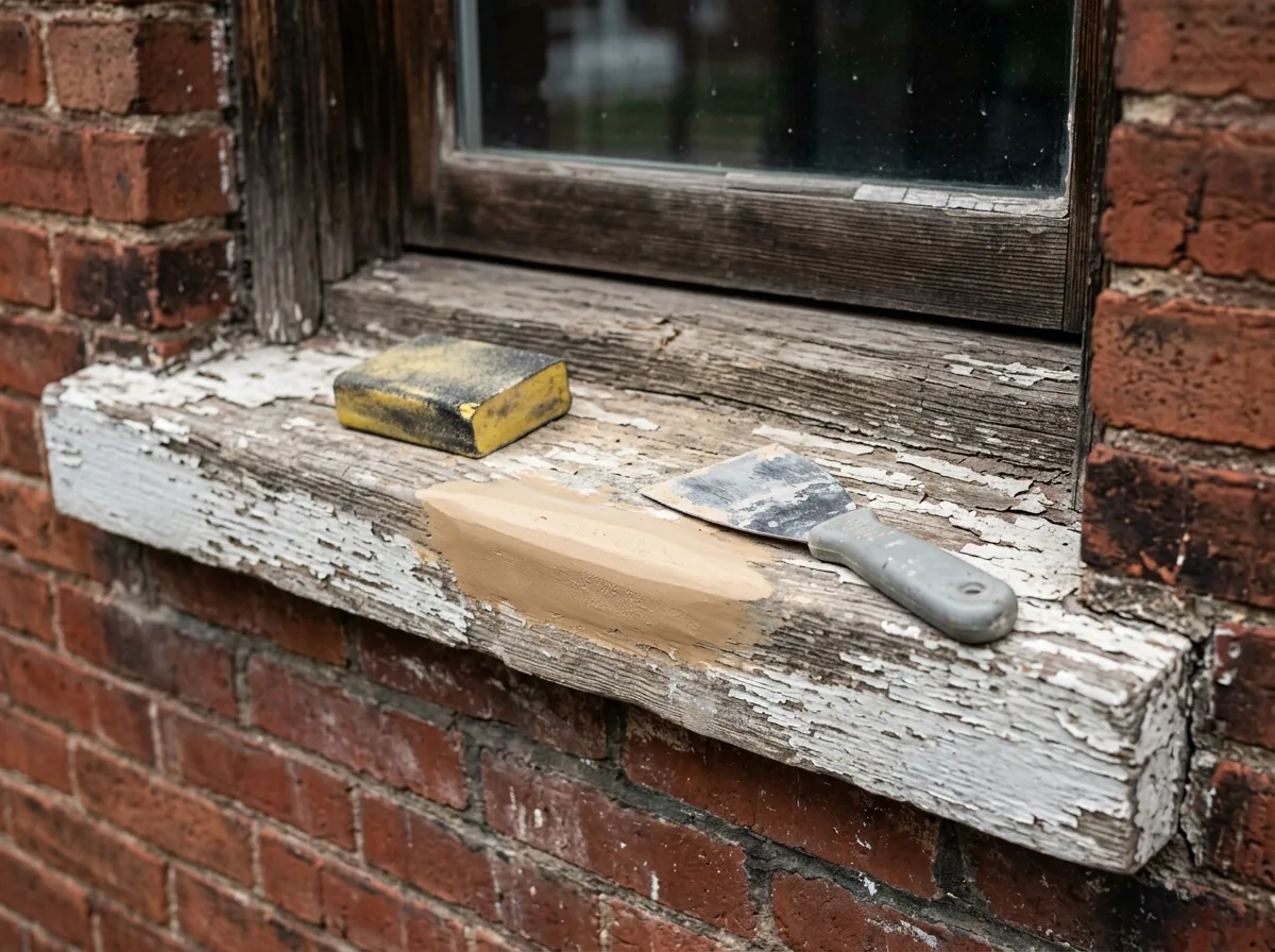 A weathered wood window sill with its front edge rebuilt in tan two-part epoxy, sanded smooth before priming