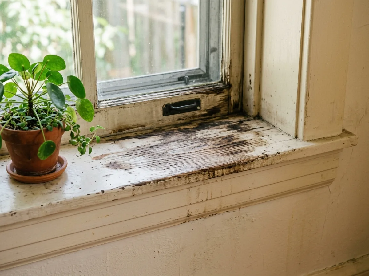 The interior window stool and the apron trim below it on a painted window in an older home, with water staining on the stool near the sash