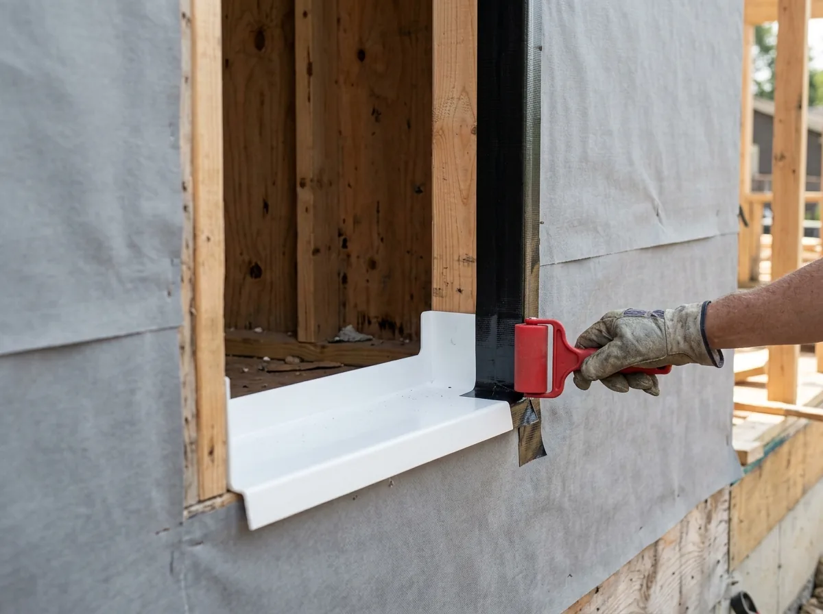 A rough window opening with a formed sill pan flashing in place, its back leg turned up and its front edge lapped over the house wrap