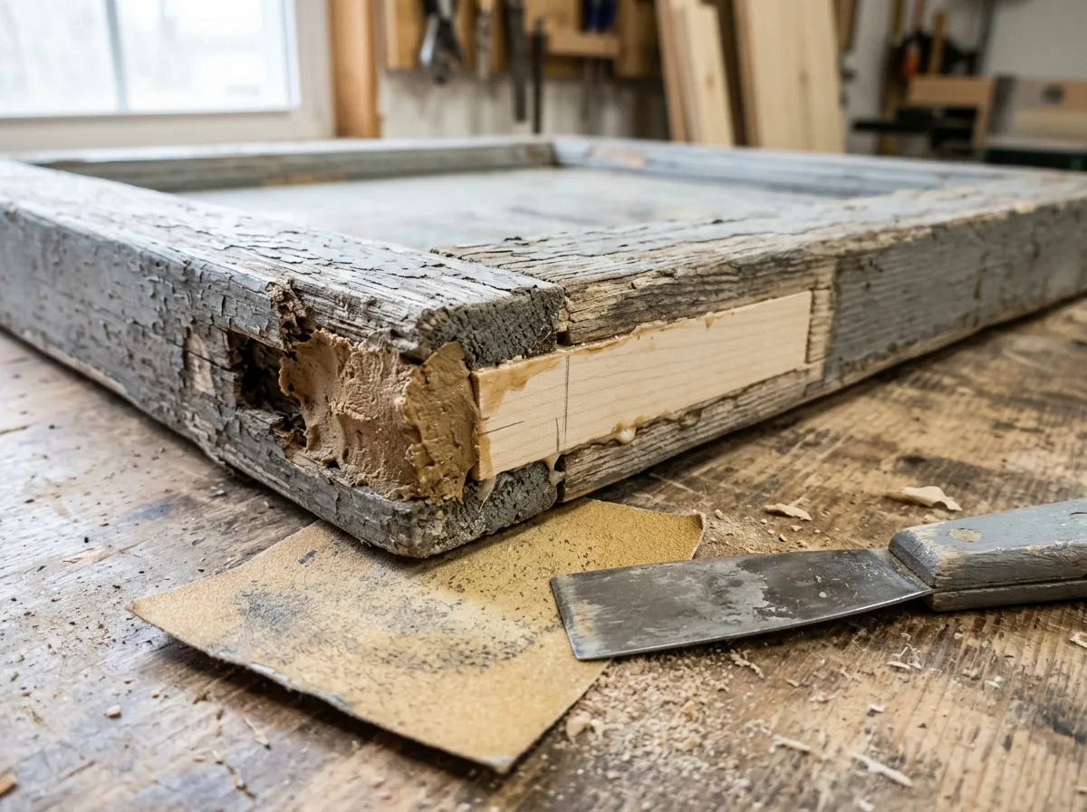 A weathered wood sash bottom rail with a section of rotted wood filled with tan two-part epoxy filler, next to a fitted wood patch