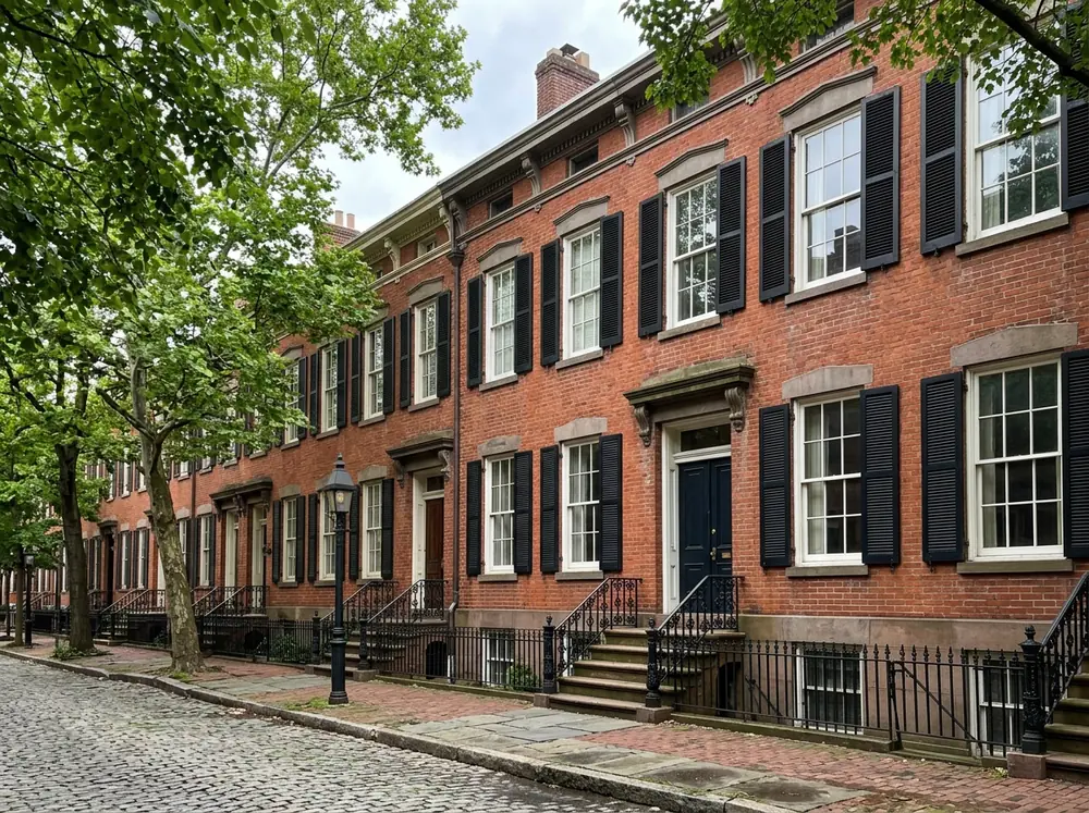 A row of three-story brick rowhouses with tall original wood double-hung windows and black shutters on a quiet street
