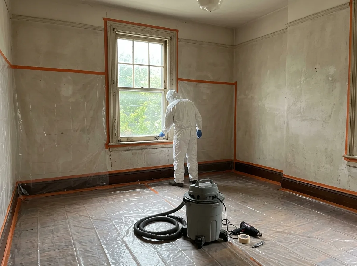 A window opening in an old house sealed off with plastic sheeting taped to the floor and walls, with a HEPA shop vacuum and a heat gun on the covered floor