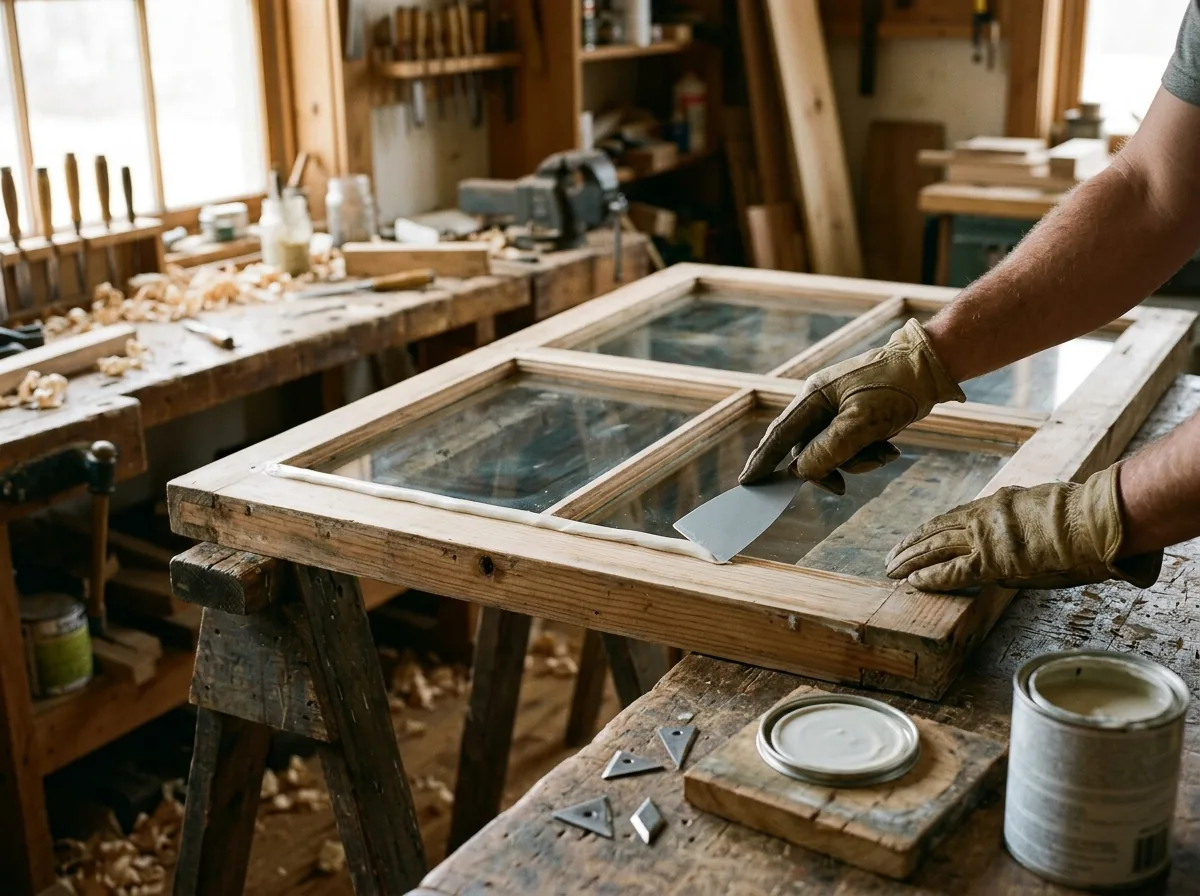 Gloved hands beveling fresh linseed-oil glazing putty along the edge of a pane in a stripped wood sash on sawhorses