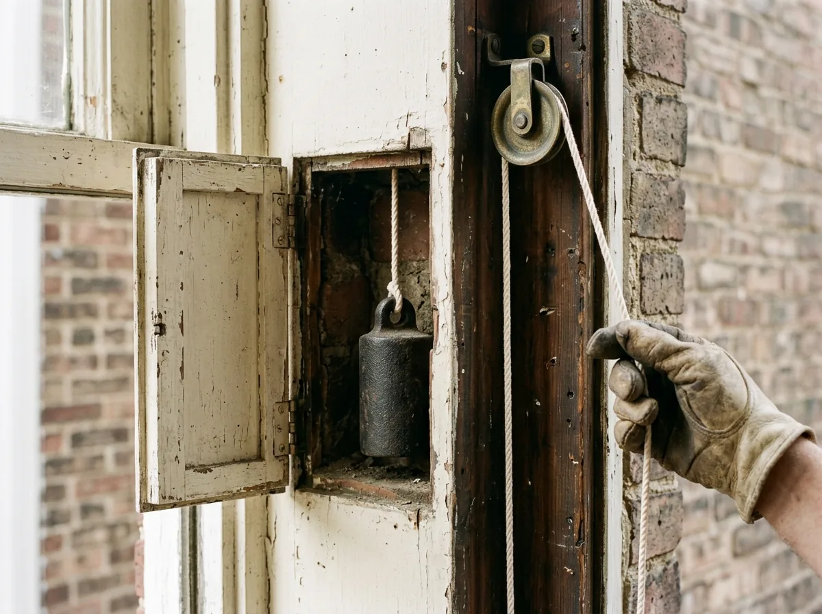 An open weight pocket in the jamb of an old wood double-hung window, showing a cast-iron sash weight hanging from a new cotton cord over a pulley
