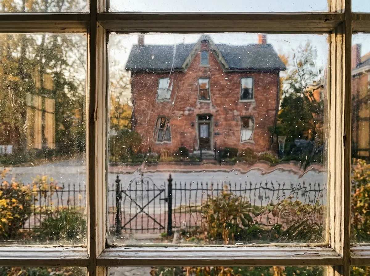 Close view of slightly wavy old window glass in a wood sash, with the distorted reflection of a brick house across the street