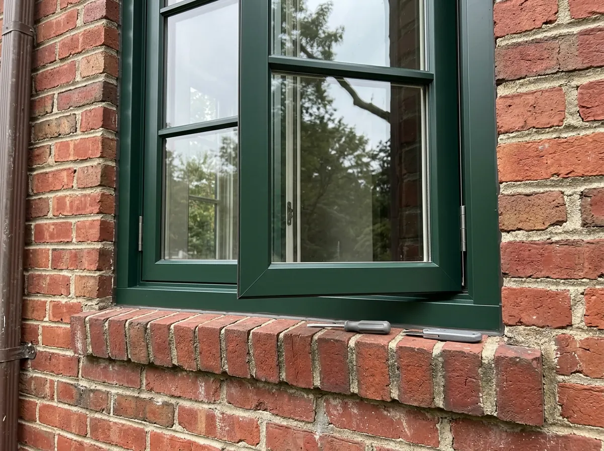 The exterior of a dark green aluminum-clad wood casement window in a red brick wall, the crisp metal frame edges catching the light