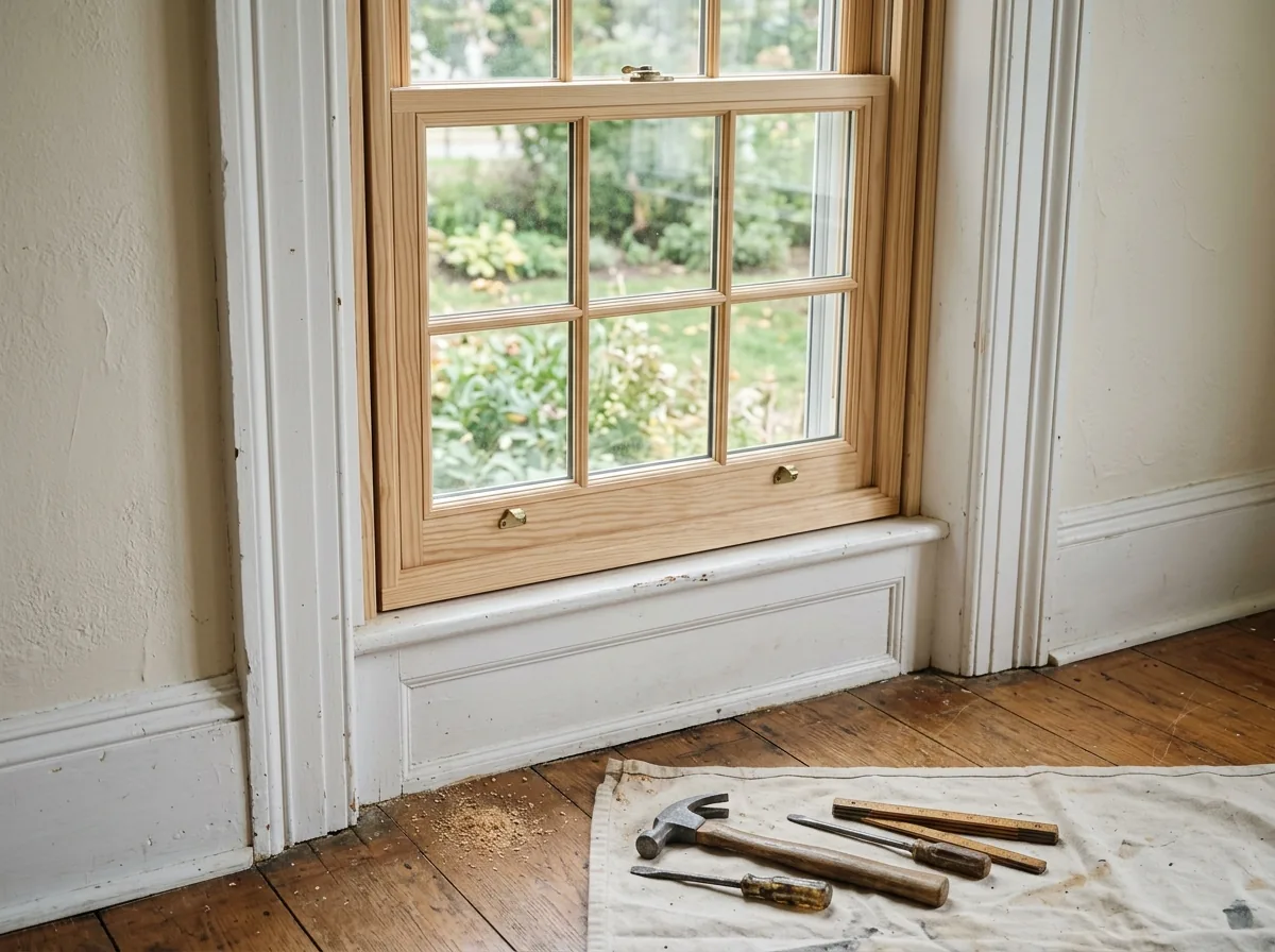 A new wood insert window with natural pine interior set inside an old painted window frame, the original casing and plaster around it untouched