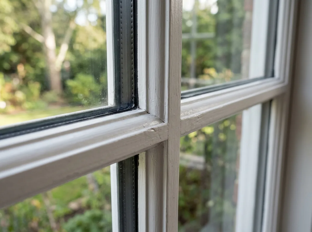 Close-up of a wood window corner showing simulated divided lite muntin bars bonded to both faces of the glass with a dark spacer bar visible between the panes