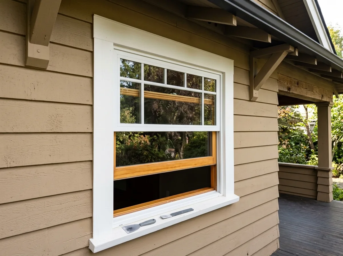 A white vinyl-clad wood double-hung window on a tan lap-sided Craftsman bungalow, the interior wood grain visible through the open lower sash